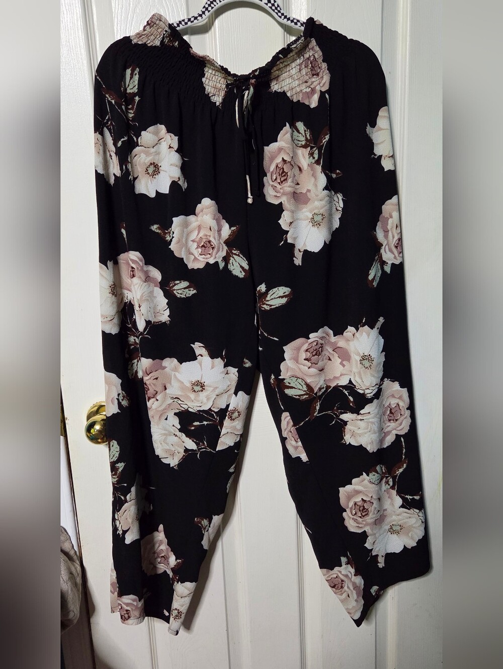 J. Crew Black Wide-Leg Pants with Pale Rose Floral Print